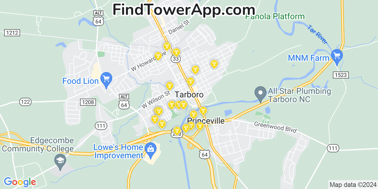 AT&T 4G/5G cell tower coverage map Tarboro, North Carolina