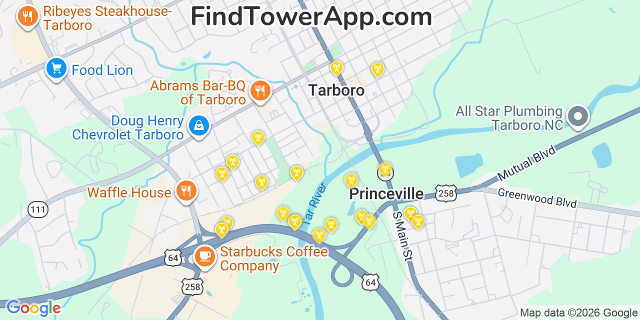 Map showing the 20 primary cell tower locations detected in Tarboro, North Carolina from AT&T, Verizon, and T-Mobile networks