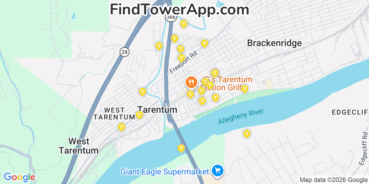 Map showing the 20 primary cell tower locations detected in Tarentum, Pennsylvania from AT&T, Verizon, and T-Mobile networks