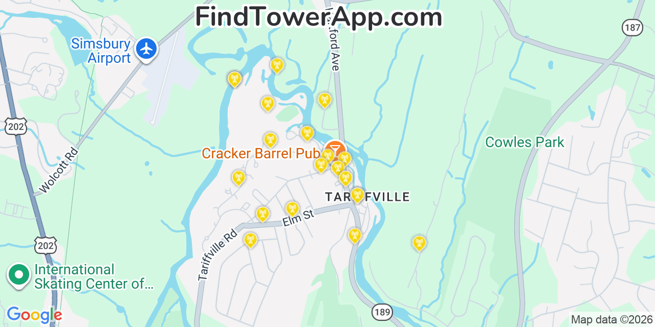 Map showing the 20 primary cell tower locations detected in Tariffville, Connecticut from AT&T, Verizon, and T-Mobile networks