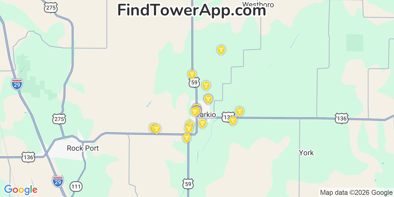 Map showing the 20 primary cell tower locations detected in Tarkio, Missouri from AT&T, Verizon, and T-Mobile networks