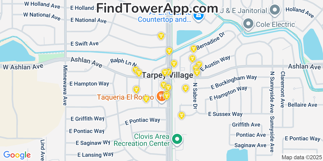 Map showing the 20 primary cell tower locations detected in Tarpey Village, California from AT&T, Verizon, and T-Mobile networks