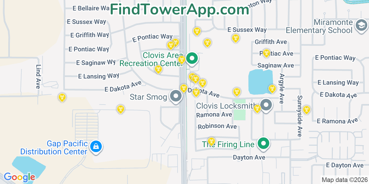 Map showing the 20 primary cell tower locations detected in Tarpey Village, California from AT&T, Verizon, and T-Mobile networks