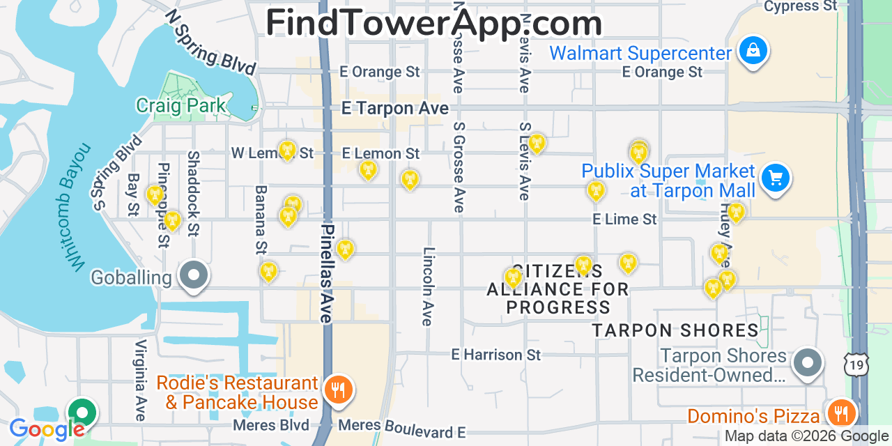 Map showing the 20 primary cell tower locations detected in Tarpon Springs, Florida from AT&T, Verizon, and T-Mobile networks