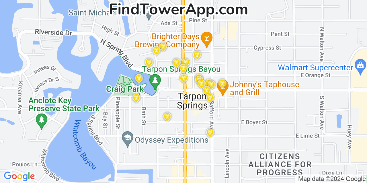 Verizon 4G/5G cell tower coverage map Tarpon Springs, Florida