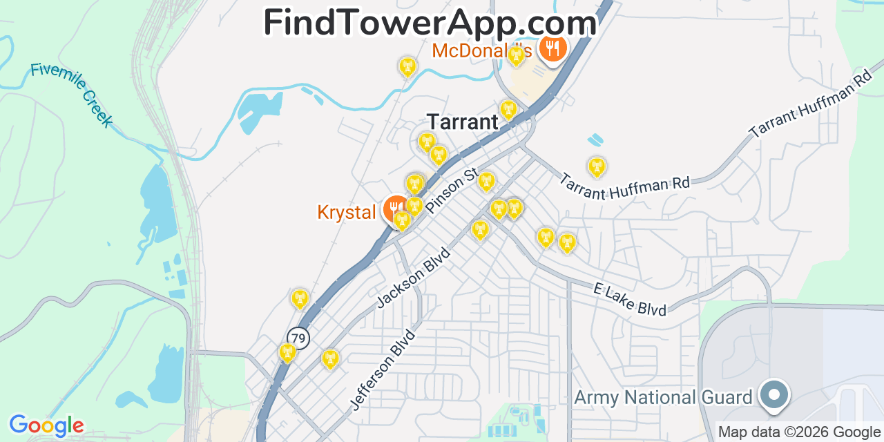Map showing the 20 primary cell tower locations detected in Tarrant, Alabama from AT&T, Verizon, and T-Mobile networks