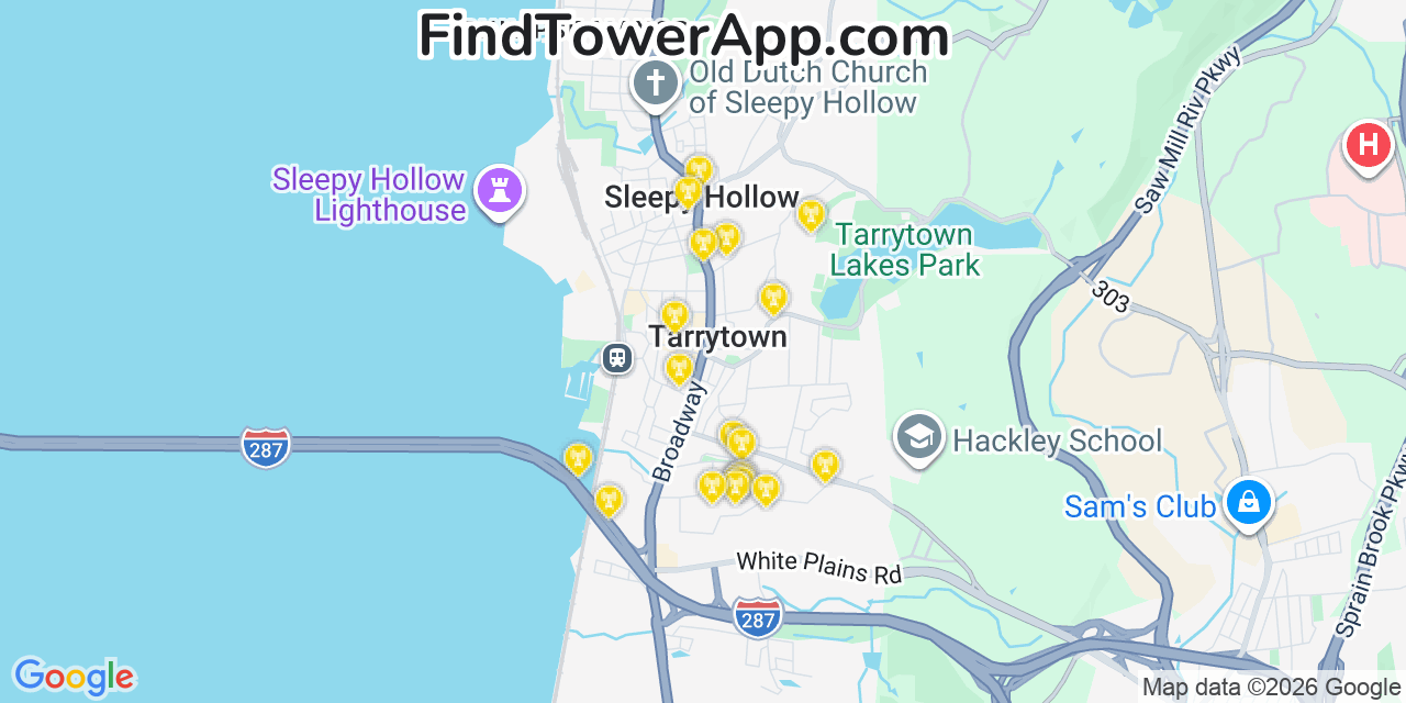 Map showing the 20 primary cell tower locations detected in Tarrytown, New York from AT&T, Verizon, and T-Mobile networks