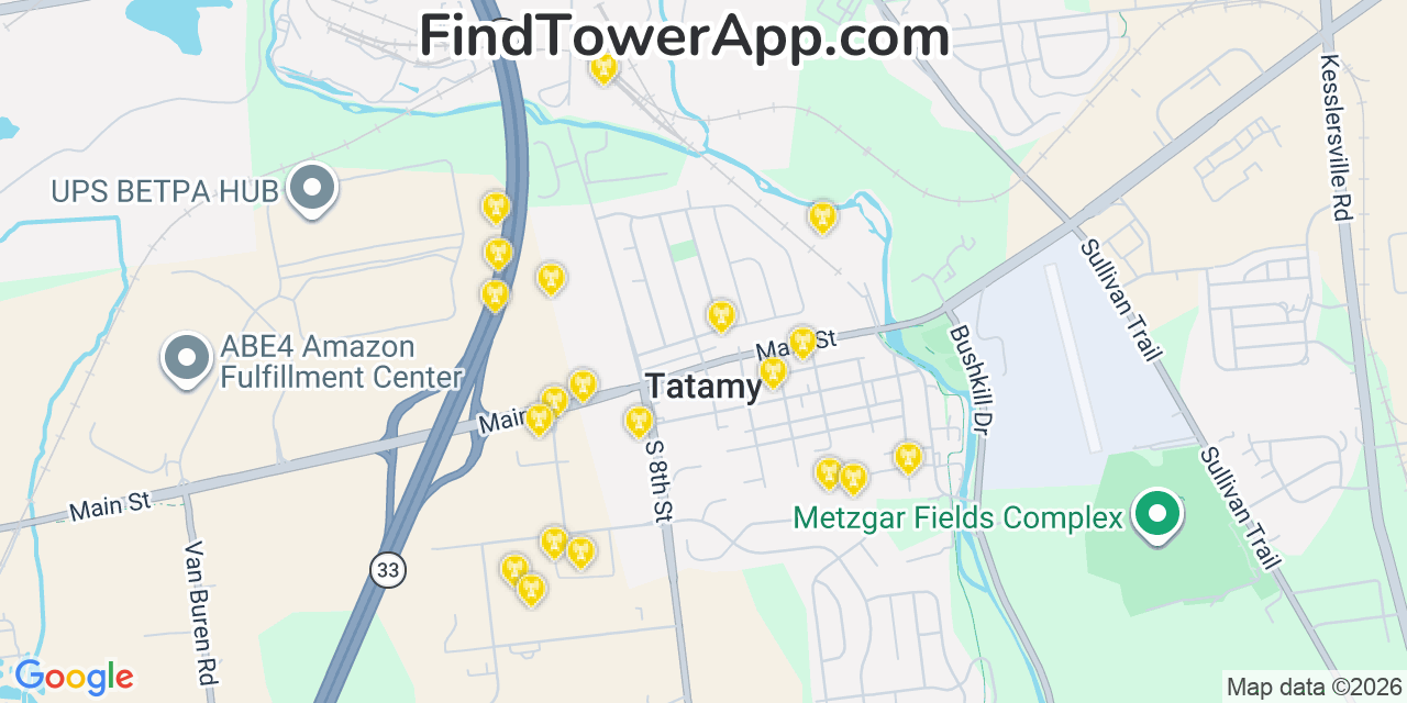 Map showing the 20 primary cell tower locations detected in Tatamy, Pennsylvania from AT&T, Verizon, and T-Mobile networks