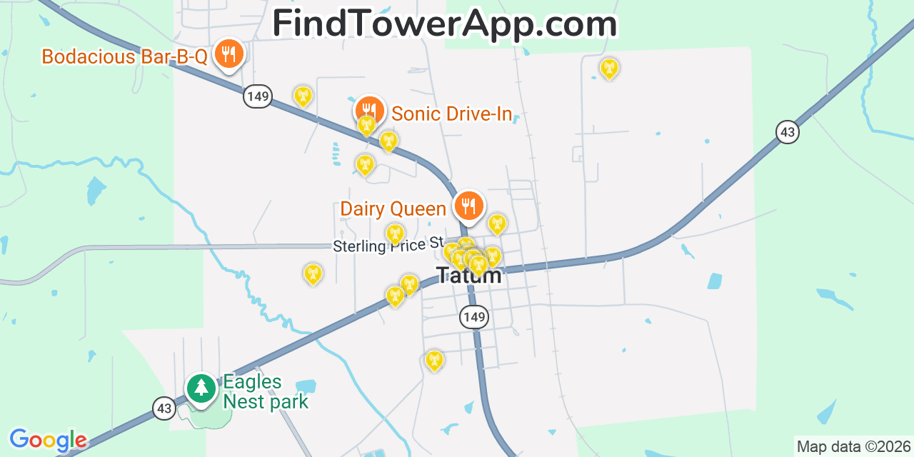 Map showing the 20 primary cell tower locations detected in Tatum, Texas from AT&T, Verizon, and T-Mobile networks