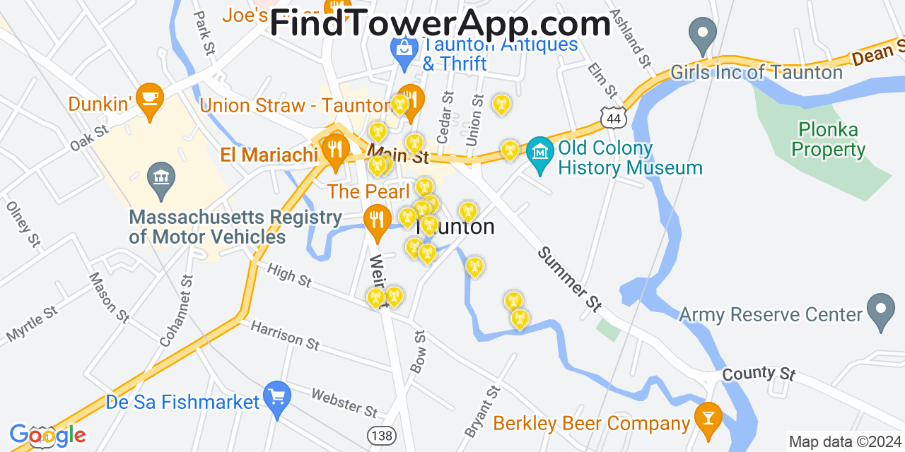 AT&T 4G/5G cell tower coverage map Taunton, Massachusetts