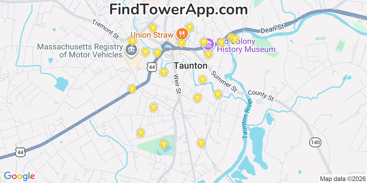 Map showing the 20 primary cell tower locations detected in Taunton, Massachusetts from AT&T, Verizon, and T-Mobile networks