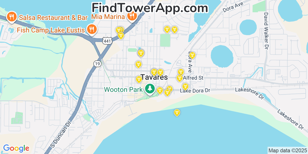 Map showing the 20 primary cell tower locations detected in Tavares, Florida from AT&T, Verizon, and T-Mobile networks