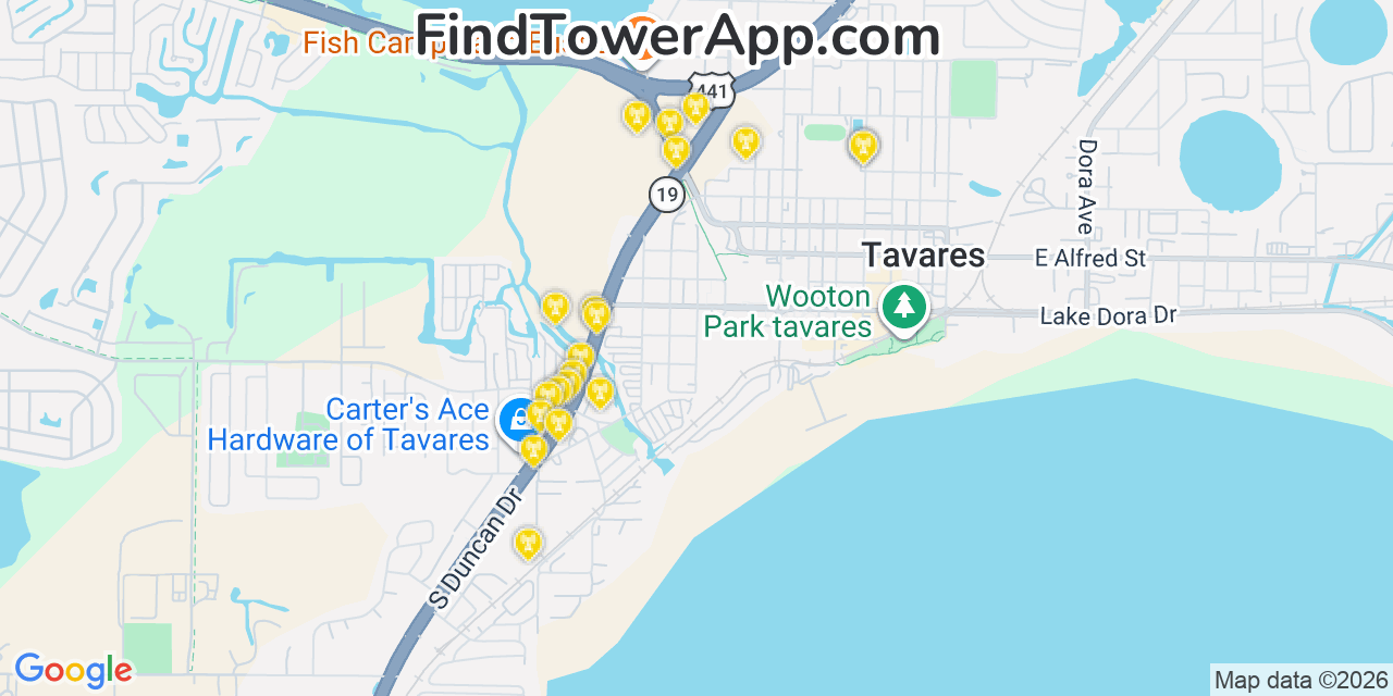 Map showing the 20 primary cell tower locations detected in Tavares, Florida from AT&T, Verizon, and T-Mobile networks