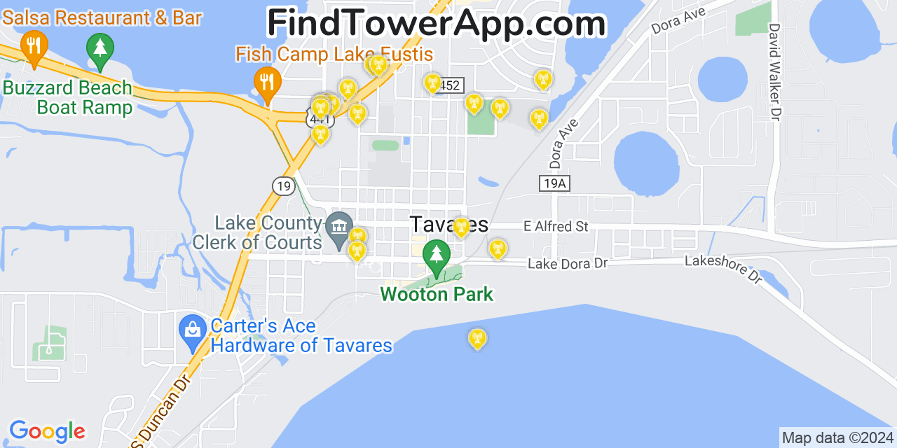 Verizon 4G/5G cell tower coverage map Tavares, Florida