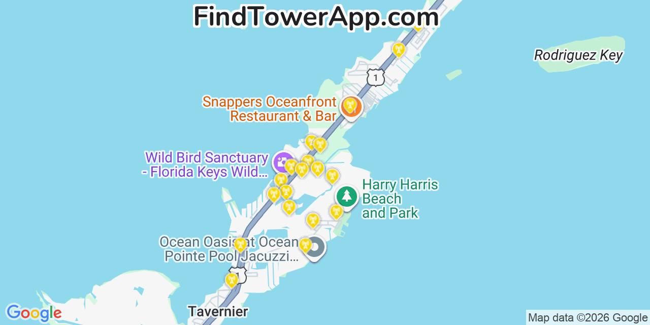 Map showing the 20 primary cell tower locations detected in Tavernier, Florida from AT&T, Verizon, and T-Mobile networks