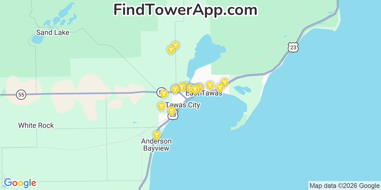Map showing the 20 primary cell tower locations detected in Tawas City, Michigan from AT&T, Verizon, and T-Mobile networks