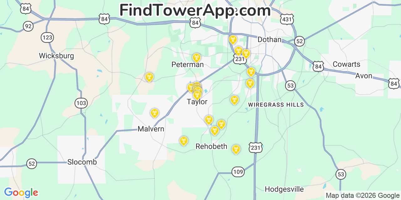 Map showing the 20 primary cell tower locations detected in Taylor, Alabama from AT&T, Verizon, and T-Mobile networks