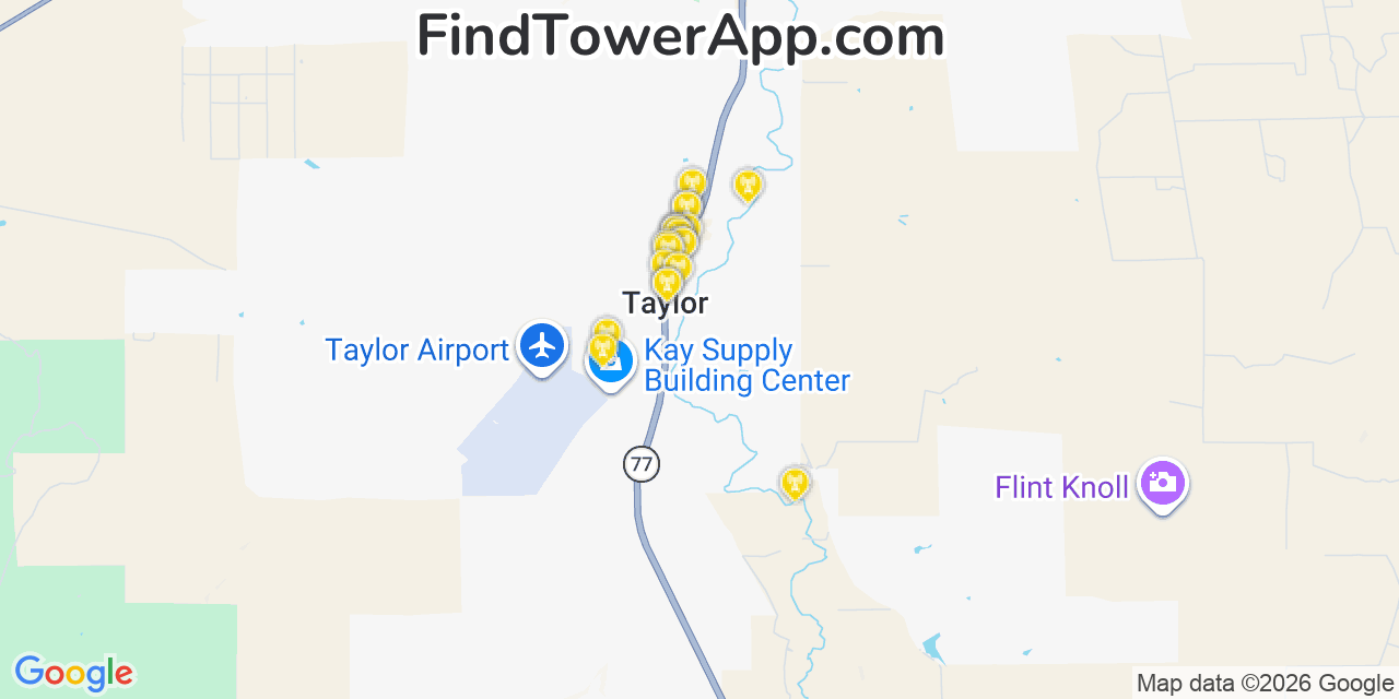 Map showing the 20 primary cell tower locations detected in Taylor, Arizona from AT&T, Verizon, and T-Mobile networks