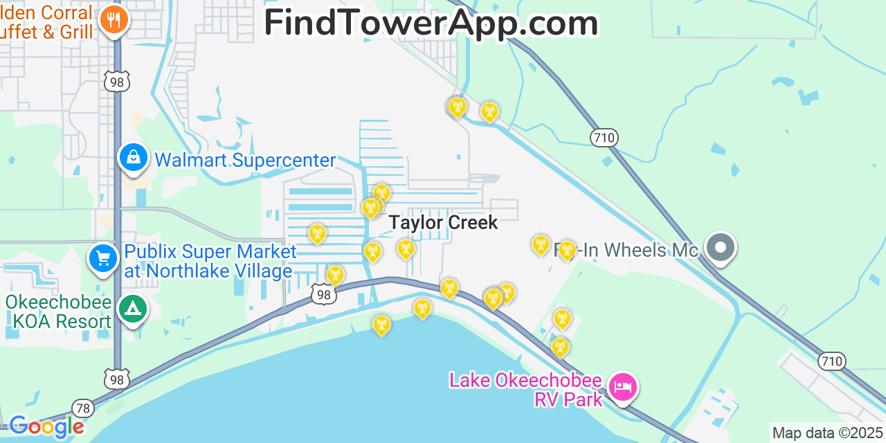 Map showing the 20 primary cell tower locations detected in Taylor Creek, Florida from AT&T, Verizon, and T-Mobile networks