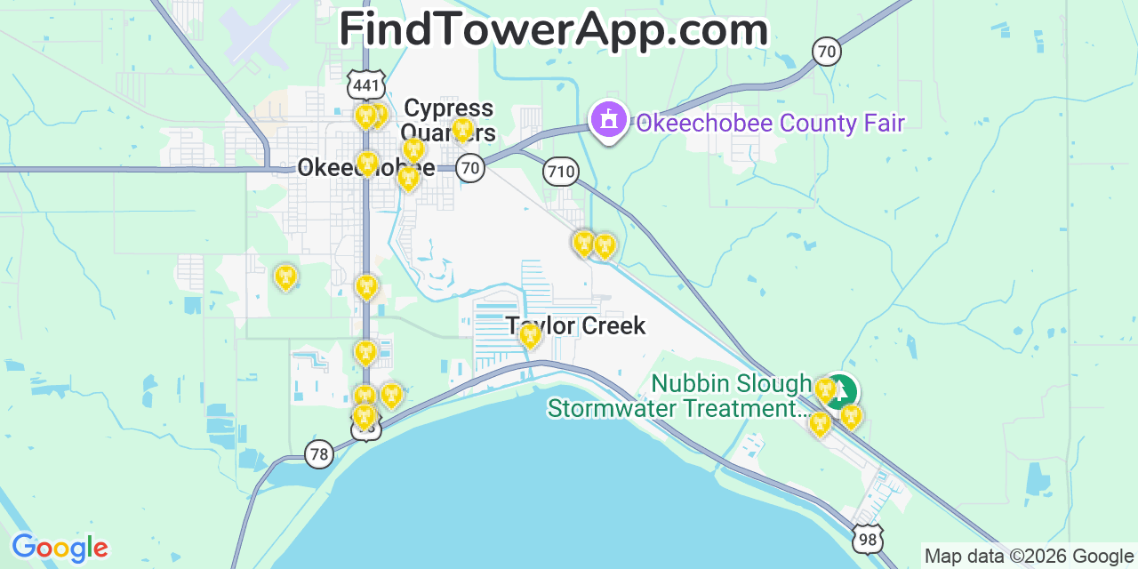 Map showing the 20 primary cell tower locations detected in Taylor Creek, Florida from AT&T, Verizon, and T-Mobile networks
