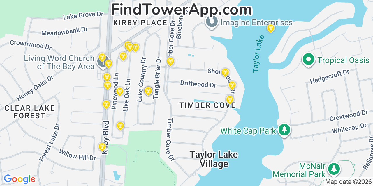 Map showing the 20 primary cell tower locations detected in Taylor Lake Village, Texas from AT&T, Verizon, and T-Mobile networks