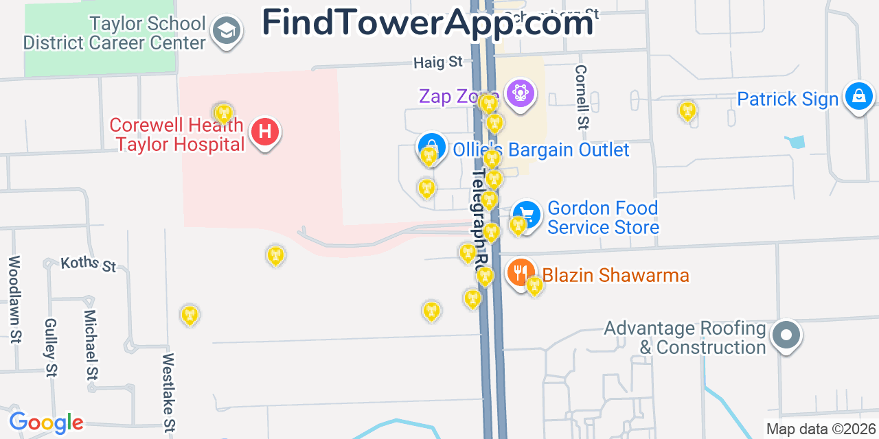 Map showing the 20 primary cell tower locations detected in Taylor, Michigan from AT&T, Verizon, and T-Mobile networks