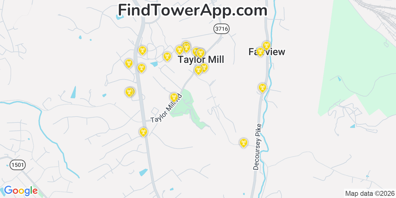 Map showing the 20 primary cell tower locations detected in Taylor Mill, Kentucky from AT&T, Verizon, and T-Mobile networks