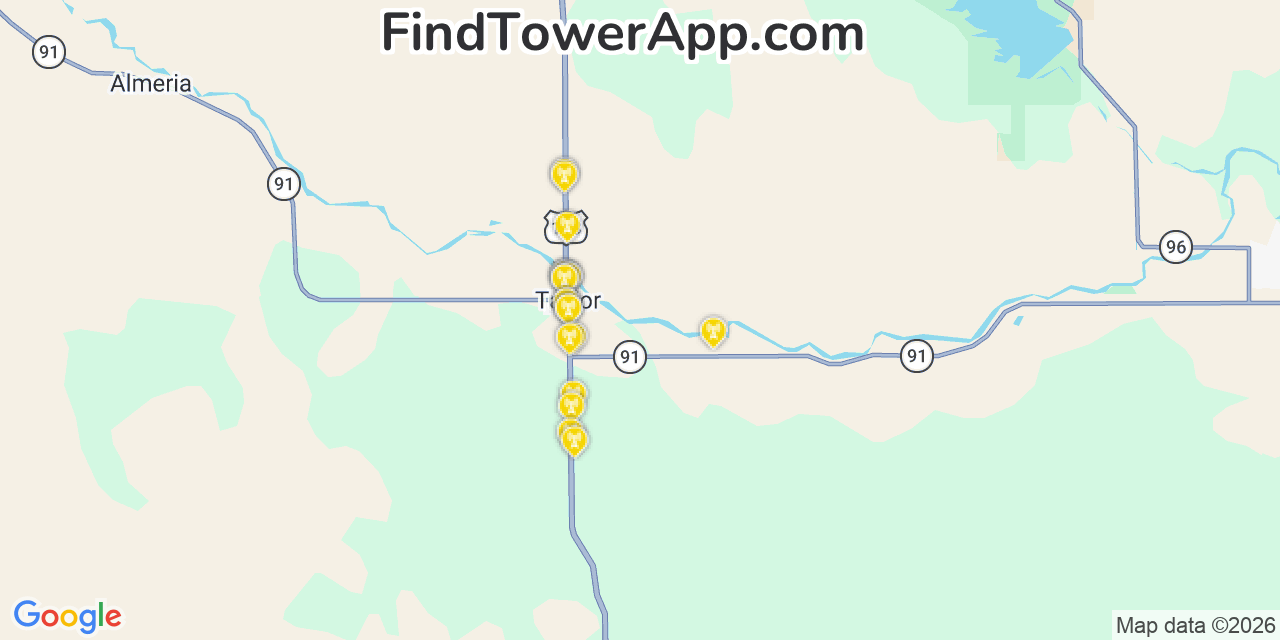 Map showing the 20 primary cell tower locations detected in Taylor, Nebraska from AT&T, Verizon, and T-Mobile networks