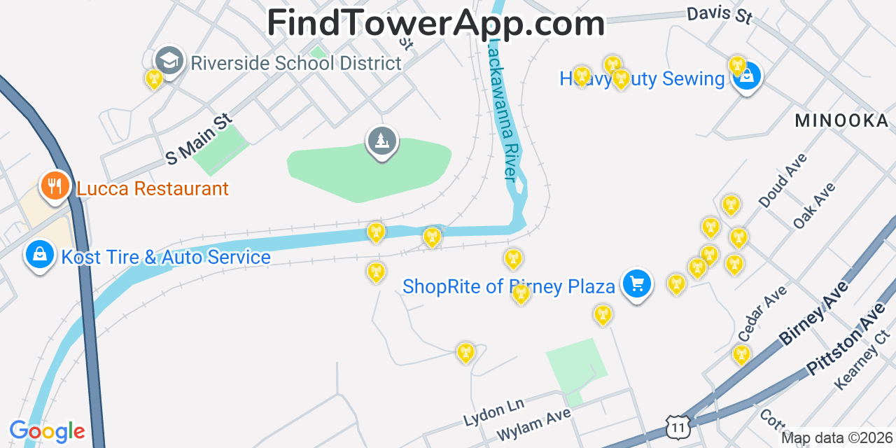 Map showing the 20 primary cell tower locations detected in Taylor, Pennsylvania from AT&T, Verizon, and T-Mobile networks