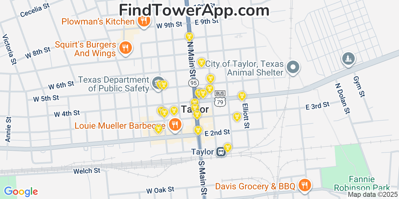 Map showing the 20 primary cell tower locations detected in Taylor, Texas from AT&T, Verizon, and T-Mobile networks