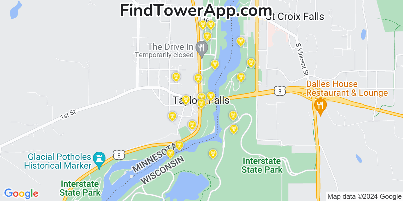 AT&T 4G/5G cell tower coverage map Taylors Falls, Minnesota