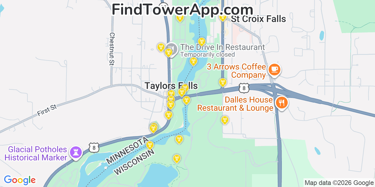 Map showing the 20 primary cell tower locations detected in Taylors Falls, Minnesota from AT&T, Verizon, and T-Mobile networks