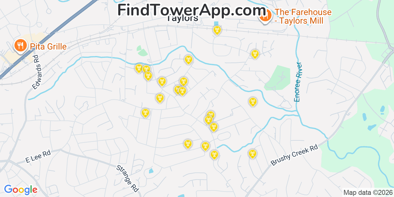 Map showing the 20 primary cell tower locations detected in Taylors, South Carolina from AT&T, Verizon, and T-Mobile networks