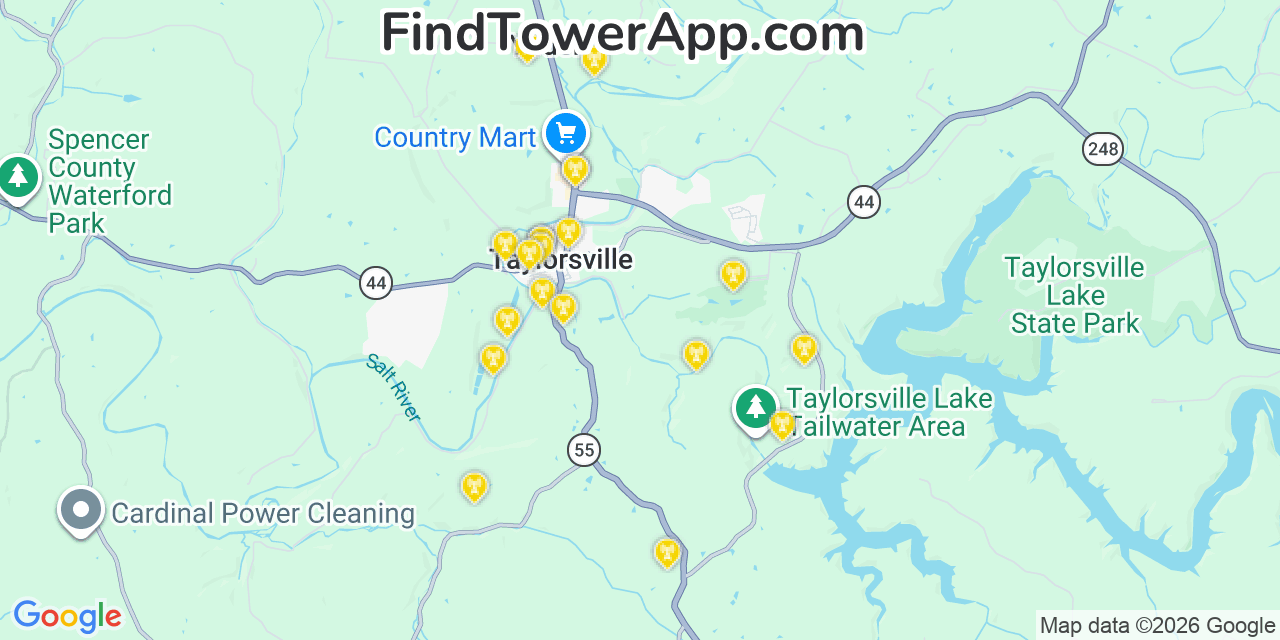Map showing the 20 primary cell tower locations detected in Taylorsville, Kentucky from AT&T, Verizon, and T-Mobile networks