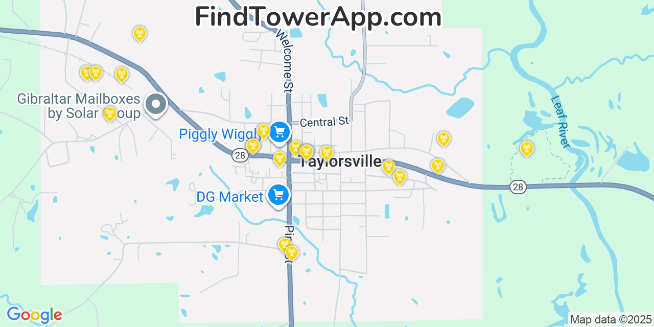Map showing the 20 primary cell tower locations detected in Taylorsville, Mississippi from AT&T, Verizon, and T-Mobile networks