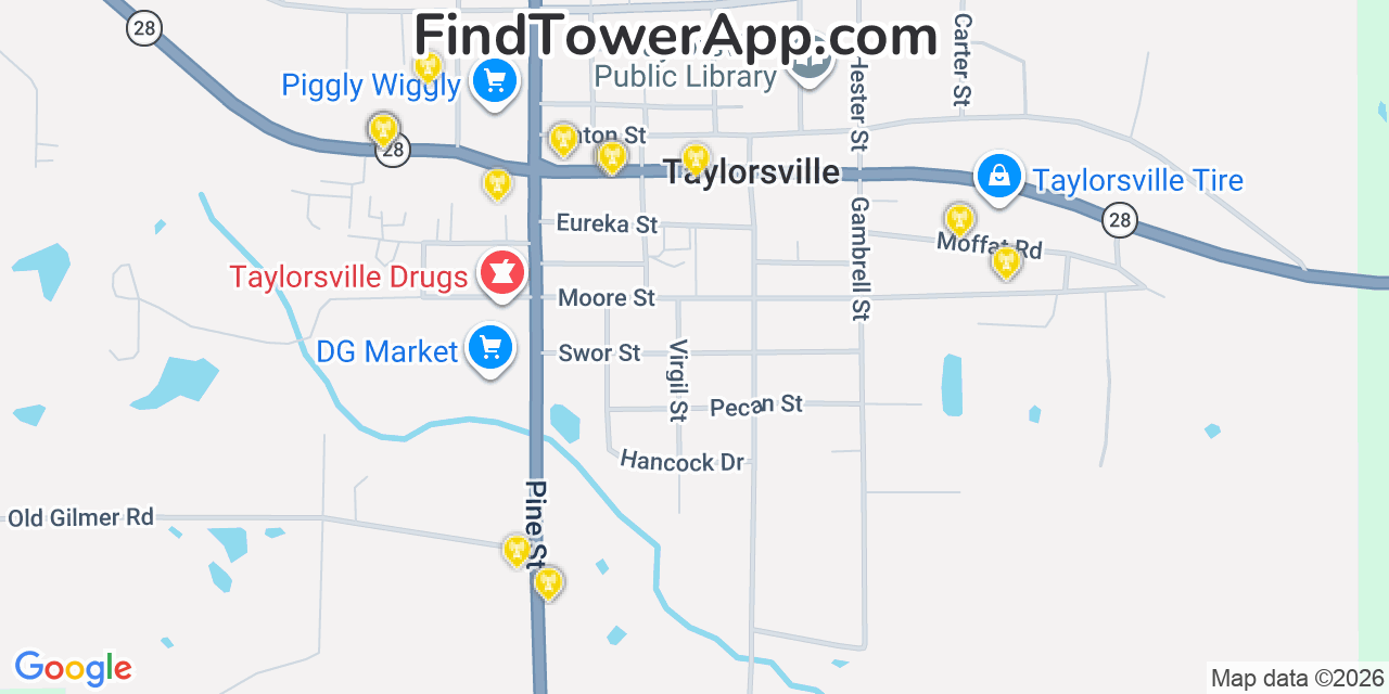 Map showing the 20 primary cell tower locations detected in Taylorsville, Mississippi from AT&T, Verizon, and T-Mobile networks