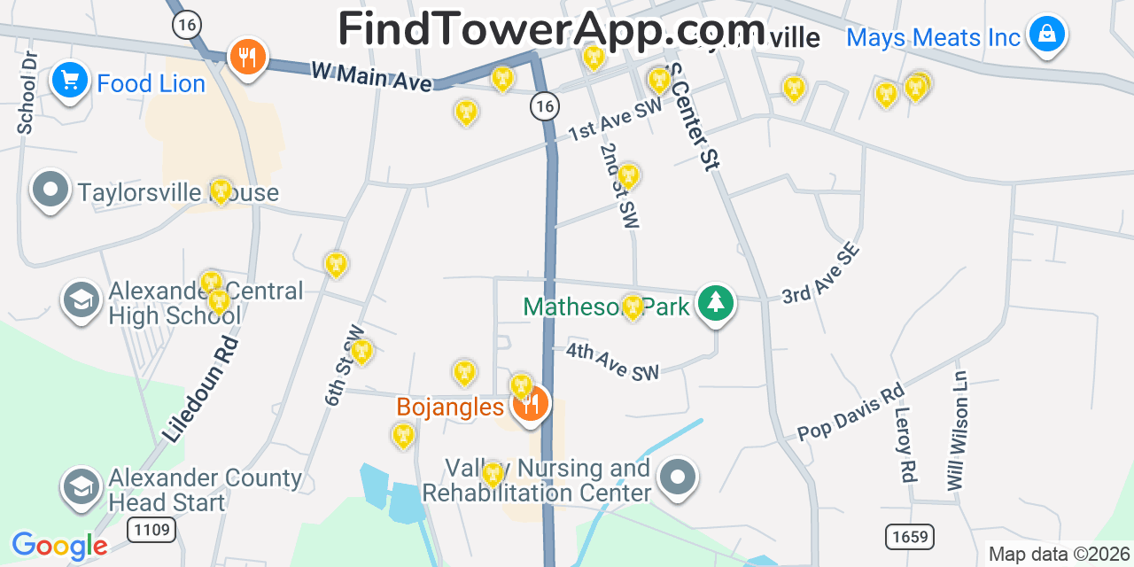 Map showing the 20 primary cell tower locations detected in Taylorsville, North Carolina from AT&T, Verizon, and T-Mobile networks