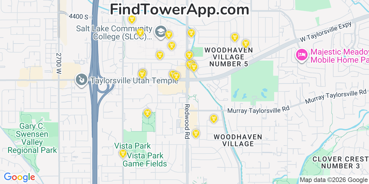 Map showing the 20 primary cell tower locations detected in Taylorsville, Utah from AT&T, Verizon, and T-Mobile networks