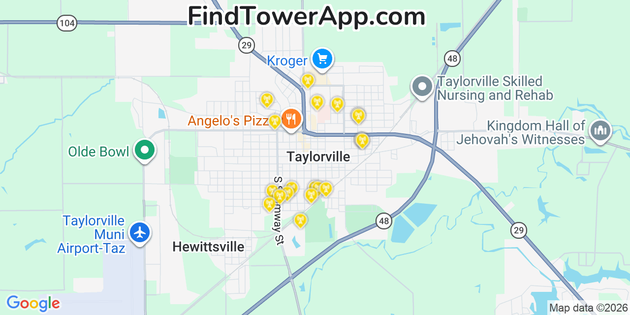 Map showing the 20 primary cell tower locations detected in Taylorville, Illinois from AT&T, Verizon, and T-Mobile networks