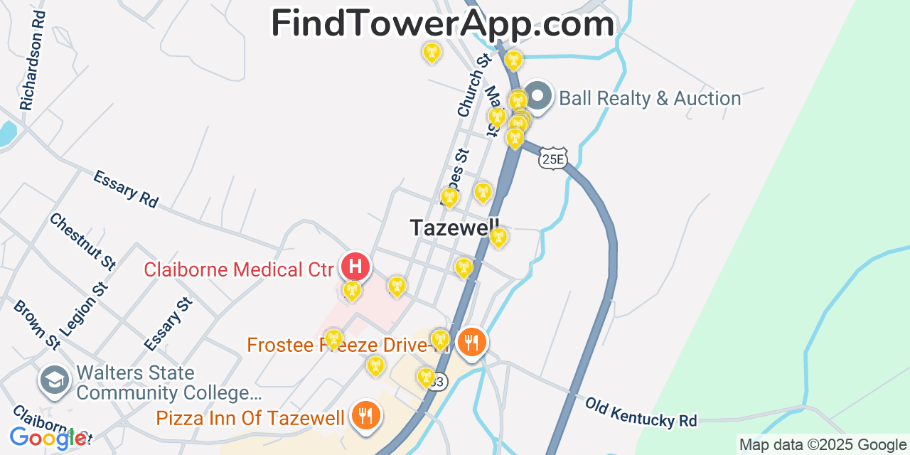 Map showing the 20 primary cell tower locations detected in Tazewell, Tennessee from AT&T, Verizon, and T-Mobile networks