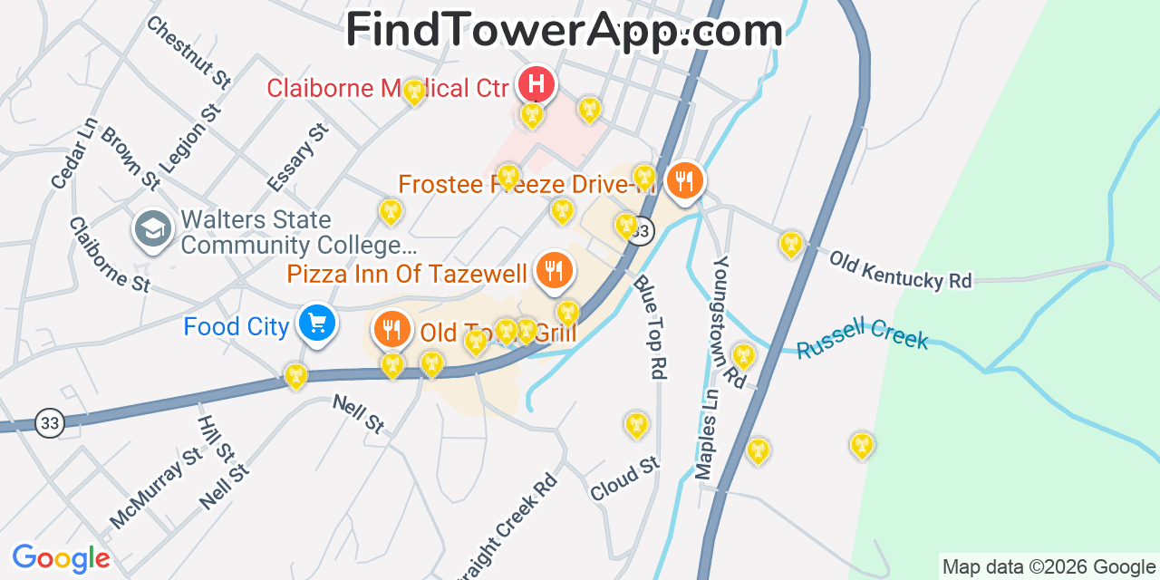 Map showing the 20 primary cell tower locations detected in Tazewell, Tennessee from AT&T, Verizon, and T-Mobile networks