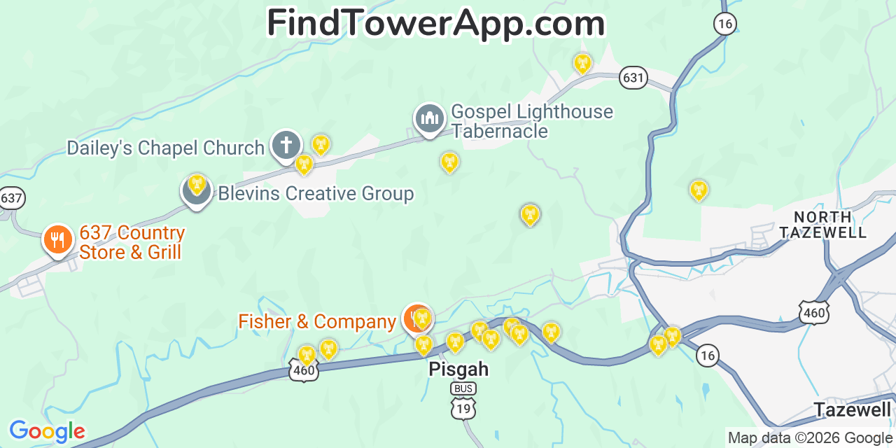 Map showing the 20 primary cell tower locations detected in Tazewell, Virginia from AT&T, Verizon, and T-Mobile networks