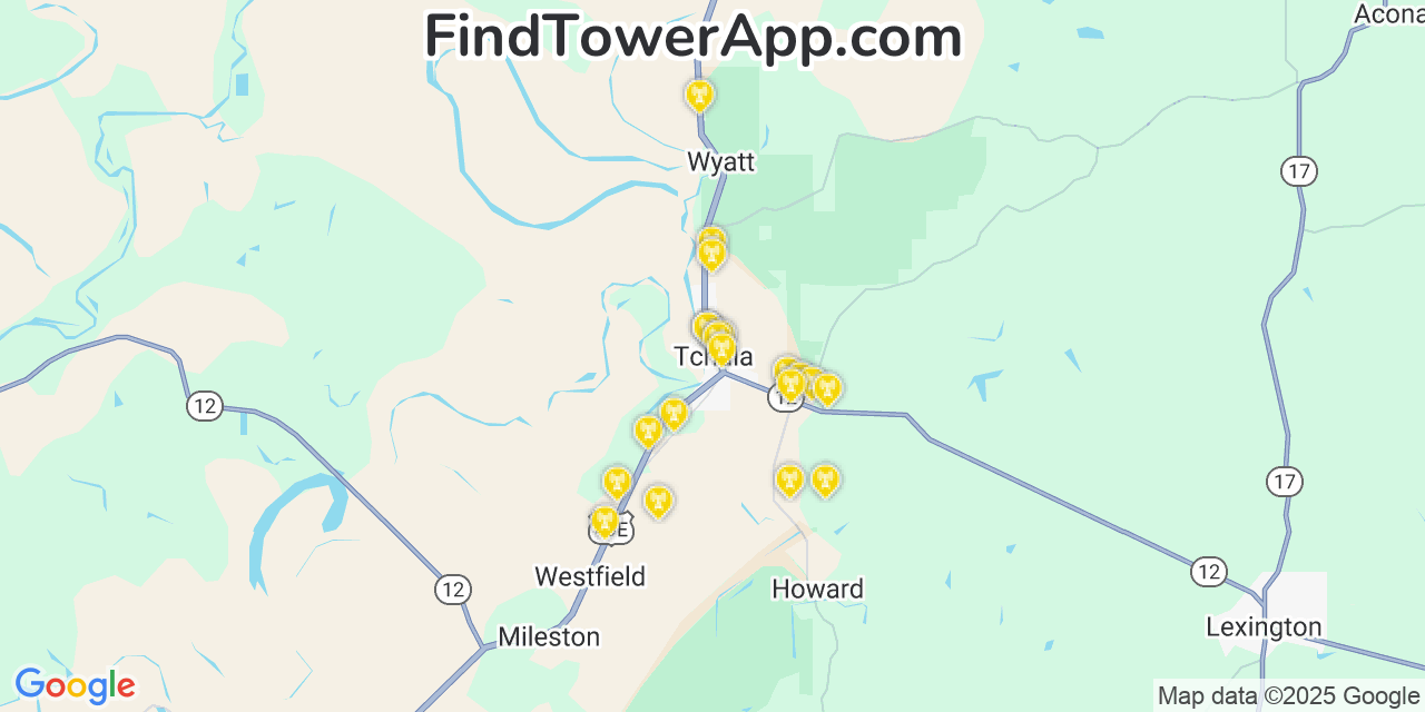 Map showing the 20 primary cell tower locations detected in Tchula, Mississippi from AT&T, Verizon, and T-Mobile networks