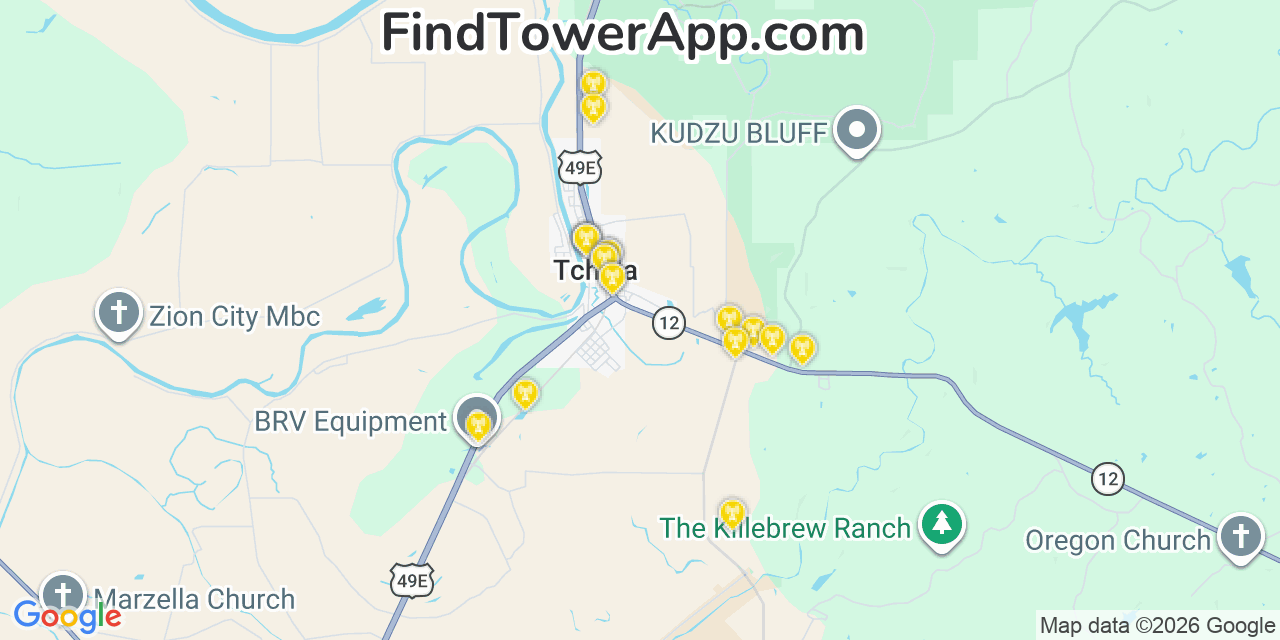 Map showing the 20 primary cell tower locations detected in Tchula, Mississippi from AT&T, Verizon, and T-Mobile networks