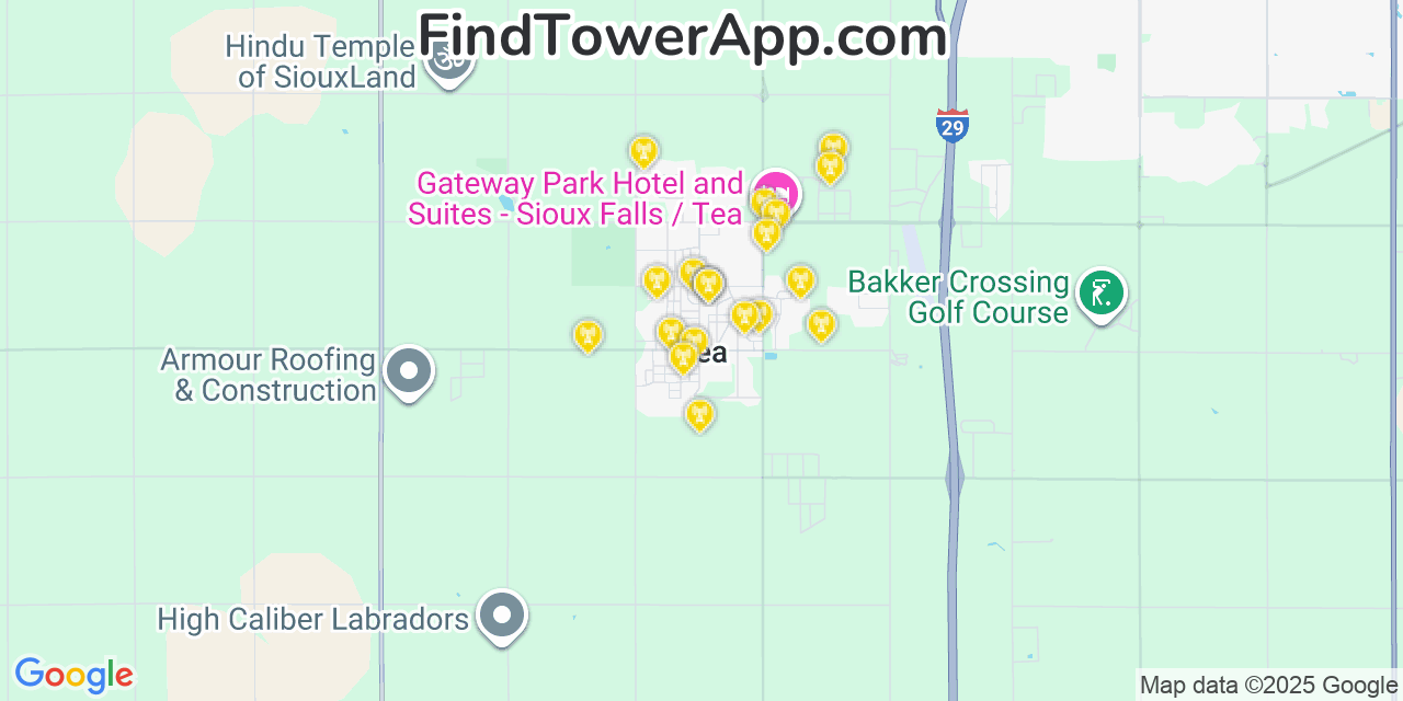 Map showing the 20 primary cell tower locations detected in Tea, South Dakota from AT&T, Verizon, and T-Mobile networks