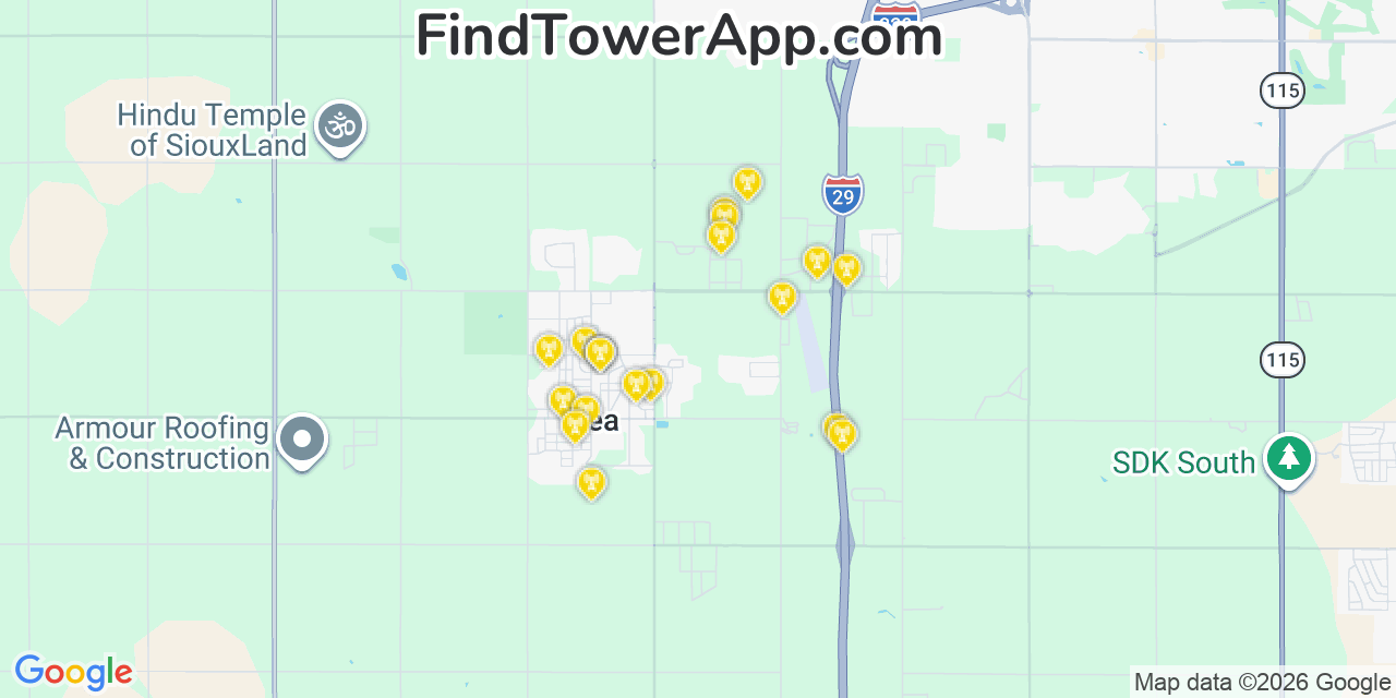 Map showing the 20 primary cell tower locations detected in Tea, South Dakota from AT&T, Verizon, and T-Mobile networks