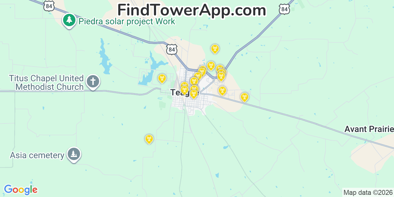 Map showing the 20 primary cell tower locations detected in Teague, Texas from AT&T, Verizon, and T-Mobile networks