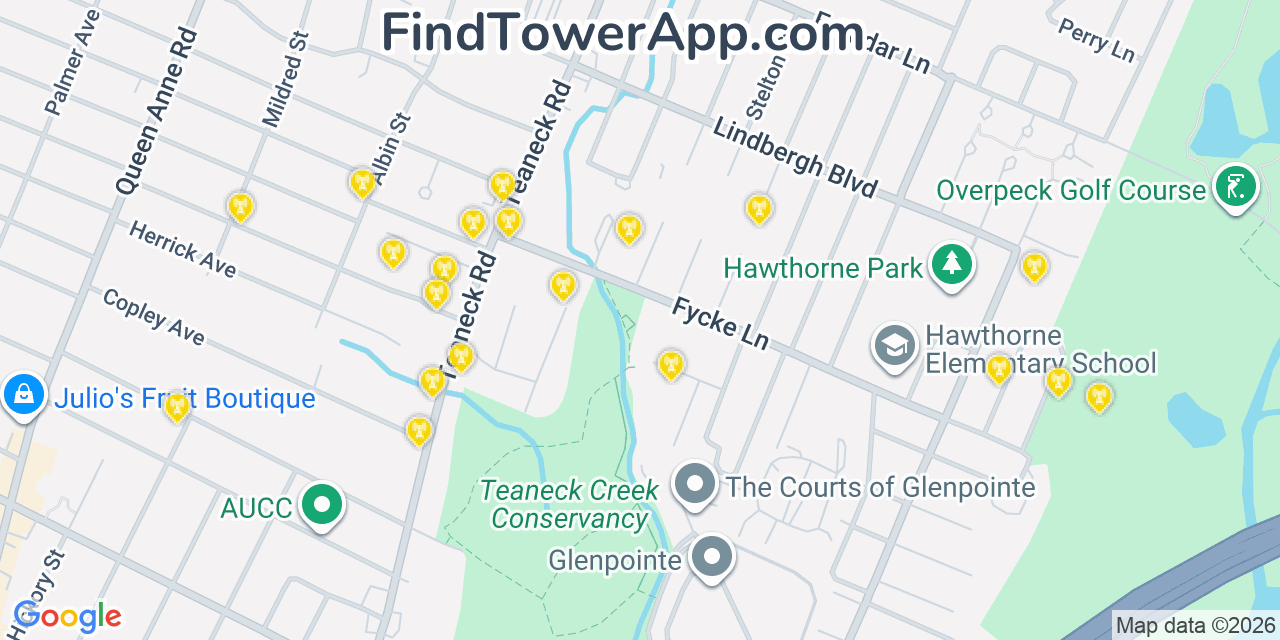 Map showing the 20 primary cell tower locations detected in Teaneck, New Jersey from AT&T, Verizon, and T-Mobile networks