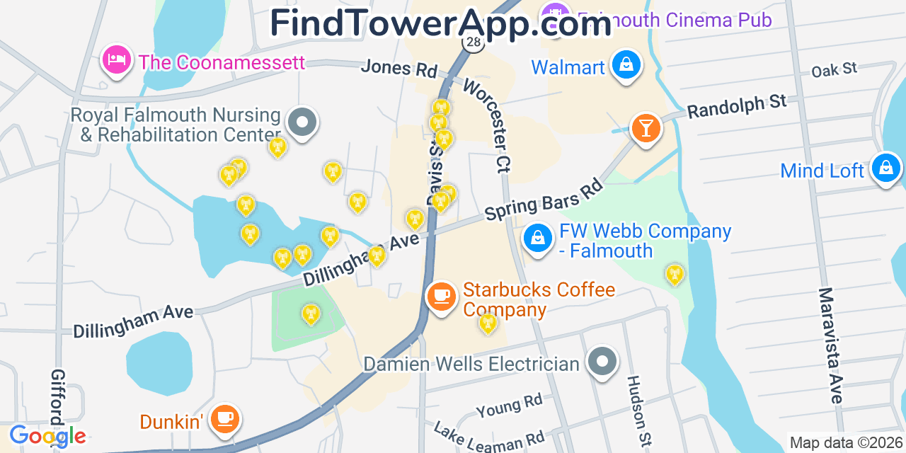Map showing the 20 primary cell tower locations detected in Teaticket, Massachusetts from AT&T, Verizon, and T-Mobile networks