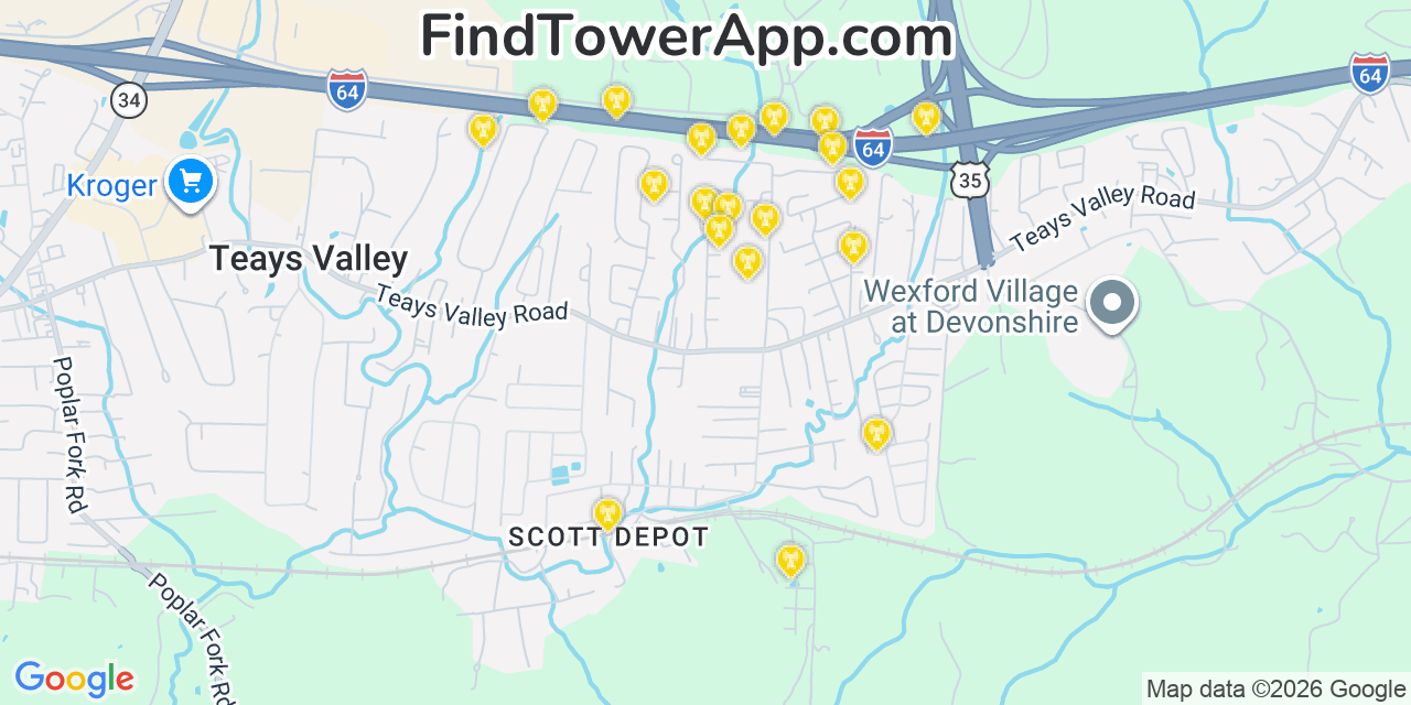 Map showing the 20 primary cell tower locations detected in Teays Valley, West Virginia from AT&T, Verizon, and T-Mobile networks